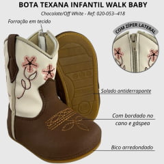 Bota Texana Infantil Walk Baby Bico Redondo Chocolate E Off White Bordado Flores Com Zíper Ref:020-053-418