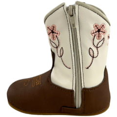 Bota Texana Infantil Walk Baby Bico Redondo Chocolate E Off White Bordado Flores Com Zíper Ref:020-053-418