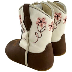 Bota Texana Infantil Walk Baby Bico Redondo Chocolate E Off White Bordado Flores Com Zíper Ref:020-053-418