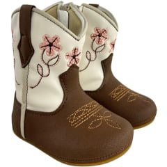 Bota Texana Infantil Walk Baby Bico Redondo Chocolate E Off White Bordado Flores Com Zíper Ref:020-053-418