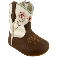 Bota Texana Infantil Walk Baby Bico Redondo Chocolate E Off White Bordado Flores Com Zíper Ref:020-053-418