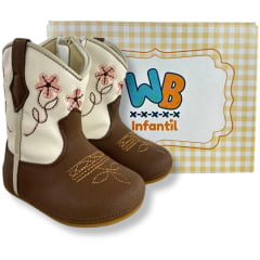 Bota Texana Infantil Walk Baby Bico Redondo Chocolate E Off White Bordado Flores Com Zíper Ref:020-053-418