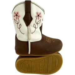 Bota Texana Infantil Walk Baby Bico Redondo Chocolate E Off White Bordado Flores Com Zíper Ref:020-053-418