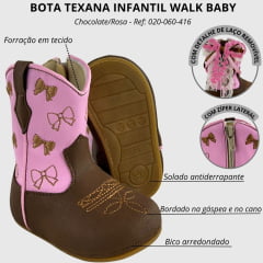 Bota Texana Infantil Walk Baby Bico Redondo Chocolate Rosa Ref:020-060-416
