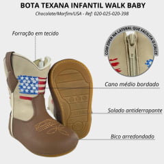 Bota Texana Infantil Walk Baby Bico Redondo Chocolate/Marfim Bordado USA com Zíper Ref: 020-025-398