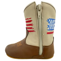 Bota Texana Infantil Walk Baby Bico Redondo Chocolate/Marfim Bordado USA com Zíper Ref: 020-025-398