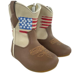 Bota Texana Infantil Walk Baby Bico Redondo Chocolate/Marfim Bordado USA com Zíper Ref: 020-025-398