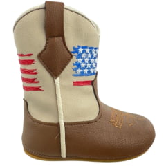 Bota Texana Infantil Walk Baby Bico Redondo Chocolate/Marfim Bordado USA com Zíper Ref: 020-025-398