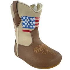 Bota Texana Infantil Walk Baby Bico Redondo Chocolate/Marfim Bordado USA com Zíper Ref: 020-025-398