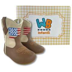 Bota Texana Infantil Walk Baby Bico Redondo Chocolate/Marfim Bordado USA com Zíper Ref: 020-025-398