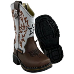 Bota Texana Infantil Zboots Bico Quadrado Café Cano Branco Zíper REF:B8201