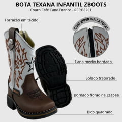 Bota Texana Infantil Zboots Bico Quadrado Café Cano Branco Zíper REF:B8201