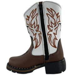 Bota Texana Infantil Zboots Bico Quadrado Café Cano Branco Zíper REF:B8201