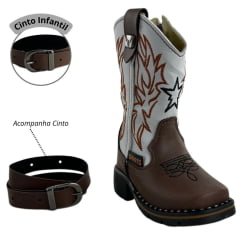 Bota Texana Infantil Zboots Bico Quadrado Café Cano Branco Zíper REF:B8201