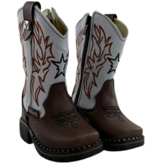 Bota Texana Infantil Zboots Bico Quadrado Café Cano Branco Zíper REF:B8201