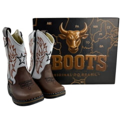Bota Texana Infantil Zboots Bico Quadrado Café Cano Branco Zíper REF:B8201