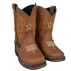 Bota Texana Infantil Zboots Bico Quadrado Couro Conhaque Com Bordado Dourado Ref:B019