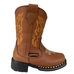 Bota Texana Infantil Zboots Bico Quadrado Couro Conhaque Com Bordado Dourado Ref:B019