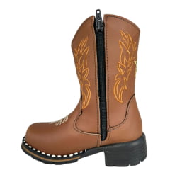 Bota Texana Infantil Zboots Bico Quadrado Couro Conhaque Com Bordado Dourado Ref:B019