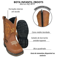 Bota Texana Infantil Zboots Bico Quadrado Couro Conhaque Com Bordado Dourado Ref:B019