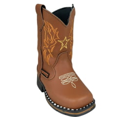 Bota Texana Infantil Zboots Bico Quadrado Couro Conhaque Com Bordado Dourado Ref:B019
