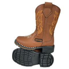 Bota Texana Infantil Zboots Bico Quadrado Couro Conhaque Com Bordado Dourado Ref:B019