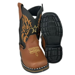 Bota Texana Infantil Zboots Bico Quadrado Couro Conhaque Preto Com Bordado Caramelo Ref:B019
