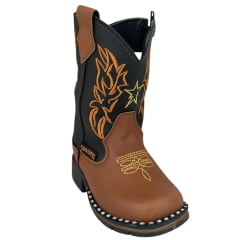 Bota Texana Infantil Zboots Bico Quadrado Couro Conhaque Preto Com Bordado Caramelo Ref:B019