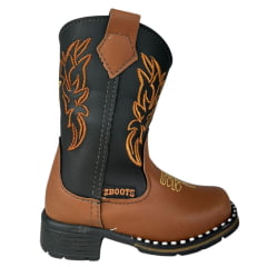 Bota Texana Infantil Zboots Bico Quadrado Couro Conhaque Preto Com Bordado Caramelo Ref:B019