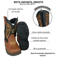 Bota Texana Infantil Zboots Bico Quadrado Couro Conhaque Preto Com Bordado Caramelo Ref:B019