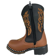 Bota Texana Infantil Zboots Bico Quadrado Couro Conhaque Preto Com Bordado Caramelo Ref:B019