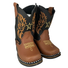 Bota Texana Infantil Zboots Bico Quadrado Couro Conhaque Preto Com Bordado Caramelo Ref:B019