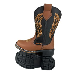 Bota Texana Infantil Zboots Bico Quadrado Couro Conhaque Preto Com Bordado Caramelo Ref:B019