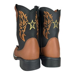 Bota Texana Infantil Zboots Bico Quadrado Couro Conhaque Preto Com Bordado Caramelo Ref:B019