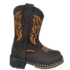 Bota Texana Infantil Zboots Bico Quadrado Couro Nobuck Café Com Bordado Creme E Caramelo Ref:BO019