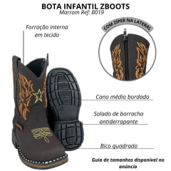 Bota Texana Infantil Zboots Bico Quadrado Couro Nobuck Café Com Bordado Creme E Caramelo Ref:BO019