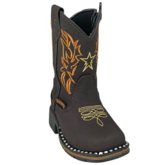 Bota Texana Infantil Zboots Bico Quadrado Couro Nobuck Café Com Bordado Creme E Caramelo Ref:BO019