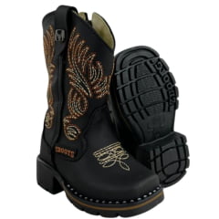 Bota Texana Infantil Zboots Bico Quadrado Preto Zíper Bordado Creme Caramelo REFB8203