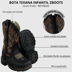 Bota Texana Infantil Zboots Bico Quadrado Preto Zíper Bordado Creme Caramelo REFB8203