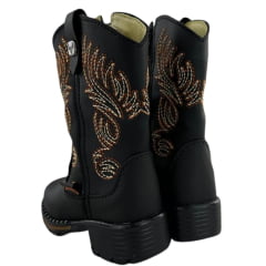 Bota Texana Infantil Zboots Bico Quadrado Preto Zíper Bordado Creme Caramelo REFB8203