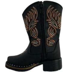 Bota Texana Infantil Zboots Bico Quadrado Preto Zíper Bordado Creme Caramelo REFB8203