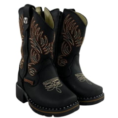 Bota Texana Infantil Zboots Bico Quadrado Preto Zíper Bordado Creme Caramelo REFB8203