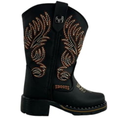 Bota Texana Infantil Zboots Bico Quadrado Preto Zíper Bordado Creme Caramelo REFB8203