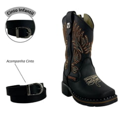 Bota Texana Infantil Zboots Bico Quadrado Preto Zíper Bordado Creme Caramelo REFB8203