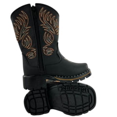 Bota Texana Infantil Zboots Bico Quadrado Preto Zíper Bordado Creme Caramelo REFB8203