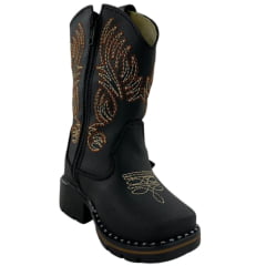 Bota Texana Infantil Zboots Bico Quadrado Preto Zíper Bordado Creme Caramelo REFB8203
