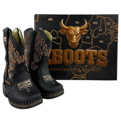 Bota Texana Infantil Zboots Bico Quadrado Preto Zíper Bordado Creme Caramelo REFB8203