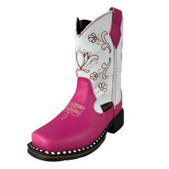 Bota Texana Infantil Zboots Bico Quadrado Pink Cano Branco Bordado – Ref. B020