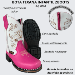 Bota Texana Infantil Zboots Bico Quadrado Pink Cano Branco Bordado – Ref. B020