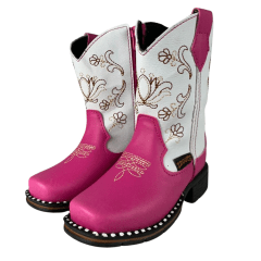Bota Texana Infantil Zboots Bico Quadrado Pink Cano Branco Bordado – Ref. B020